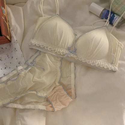 Wirefree Push Up Bra Set for Small Bust | French Ruffle Trim Silk Feel Thin Cups, Sweet Sexy Bralette | Hot MOYISU Sexy Panty AB