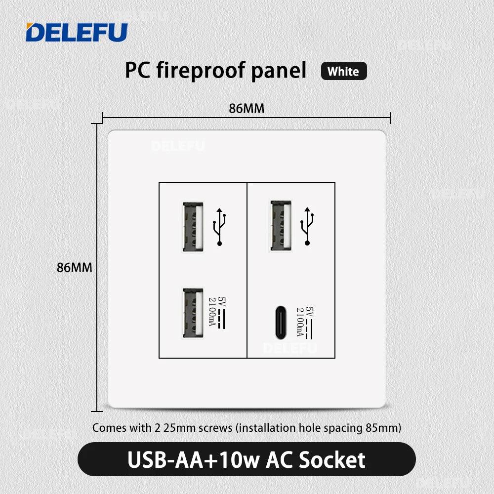 DELEFU86 PC White Flame Retardant Panel Italy Standard Wall Socket USB Type C Socket German Italian Socke EU Socket
