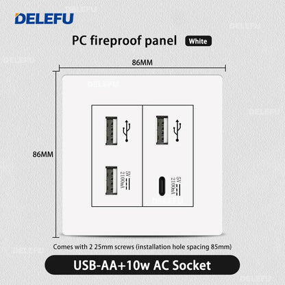 DELEFU86 PC White Flame Retardant Panel Italy Standard Wall Socket USB Type C Socket German Italian Socke EU Socket
