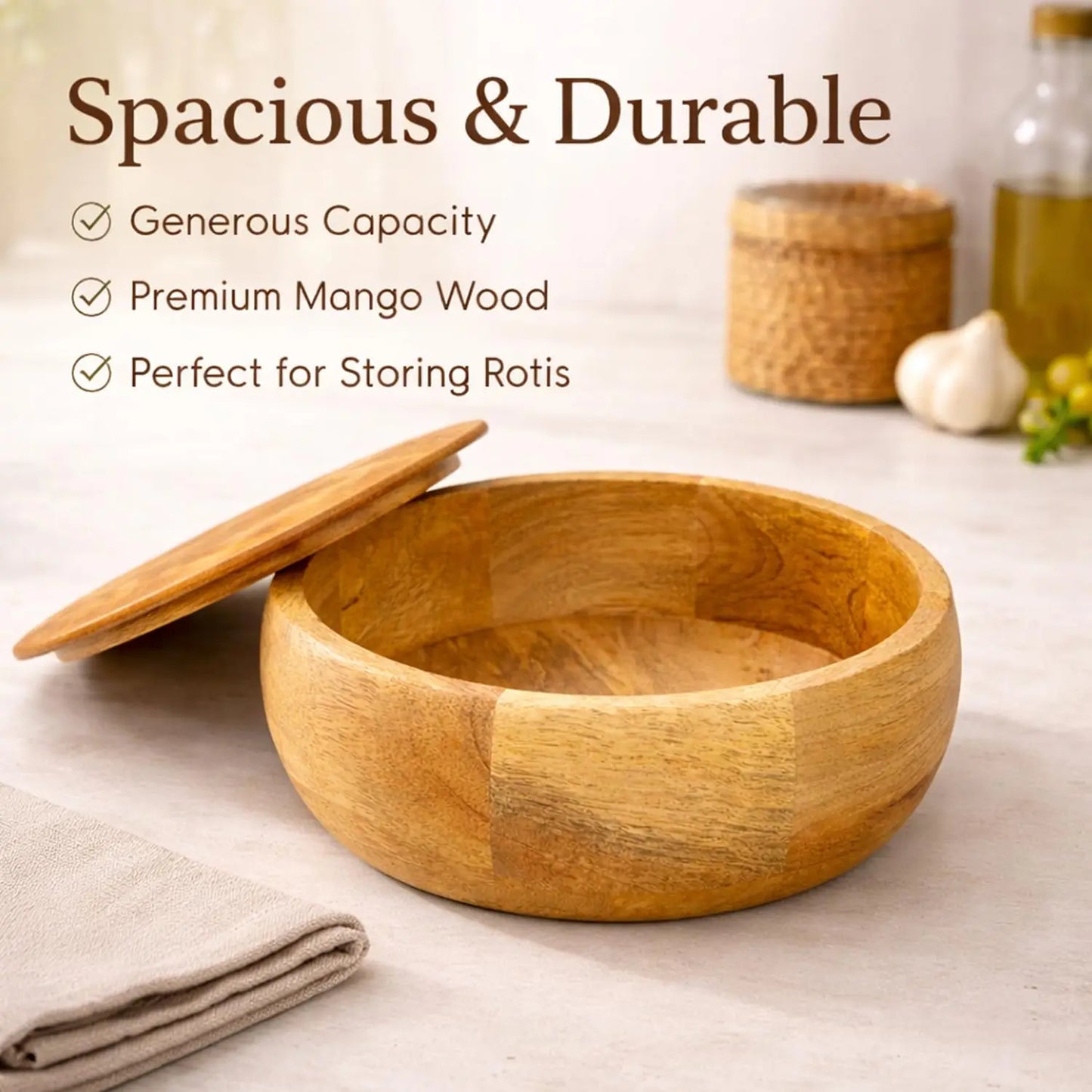 Wooden Round Food Storage Bowl With Flip Top Lid Handcrafted Minimalist Design For Kitchen Freshness Preservation