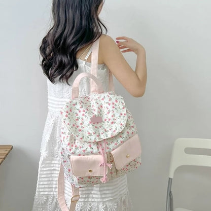 Women Girls Sweet Floral Double Pockets Shoulder Bag Japanese Aesthetic Small Backpack Casual Student Shool Book Bag F3MD