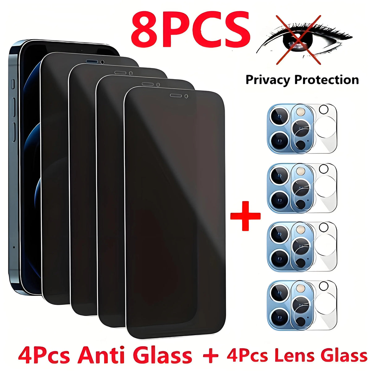 8IN1 4Pcs Anti-Spy Tempered Glass Screen Protector + 4Pcs HD Camera Lens For iPhone 11 12 13 14 15 16 Pro Max 16 Plus 16e Film by PDG ibma