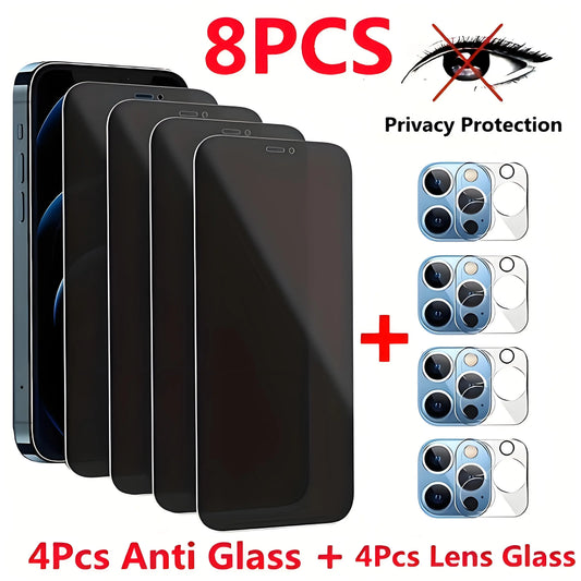 8IN1 4Pcs Anti-Spy Tempered Glass Screen Protector + 4Pcs HD Camera Lens For iPhone 11 12 13 14 15 16 Pro Max 16 Plus 16e Film