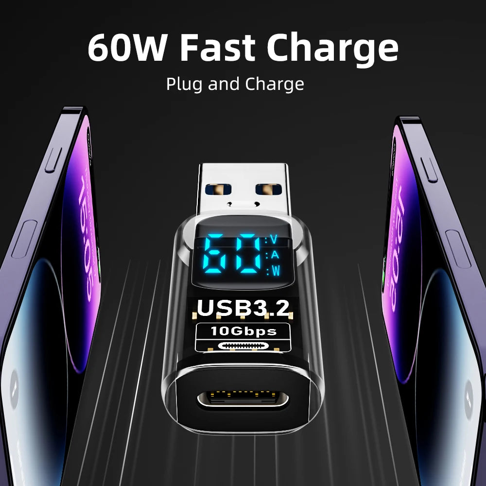 60W USB 3.2 Adapter LED Digital Display Transmission Data Converter Fast Charge Data Sync Adapter USB To Type C Charger Adapter