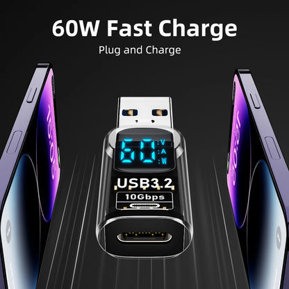 60W USB 3.2 Adapter LED Digital Display Transmission Data Converter Fast Charge Data Sync Adapter USB To Type C Charger Adapter
