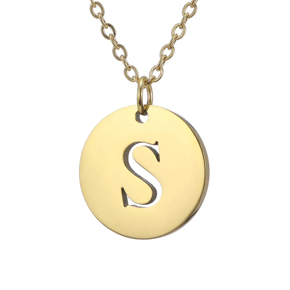 New Trend Stainless Steel Gold Silver Color Initials Necklace Hollow Round 26 Letter Pendant Necklace Jewelry Christmas Gift