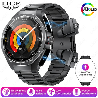 LIGE 2 In 1 Smart Watch With Earbuds NFC Smartwatch TWS Bluetooth Earphone Heart Rate Blood Pressure Monitor Sport Fitness Watch