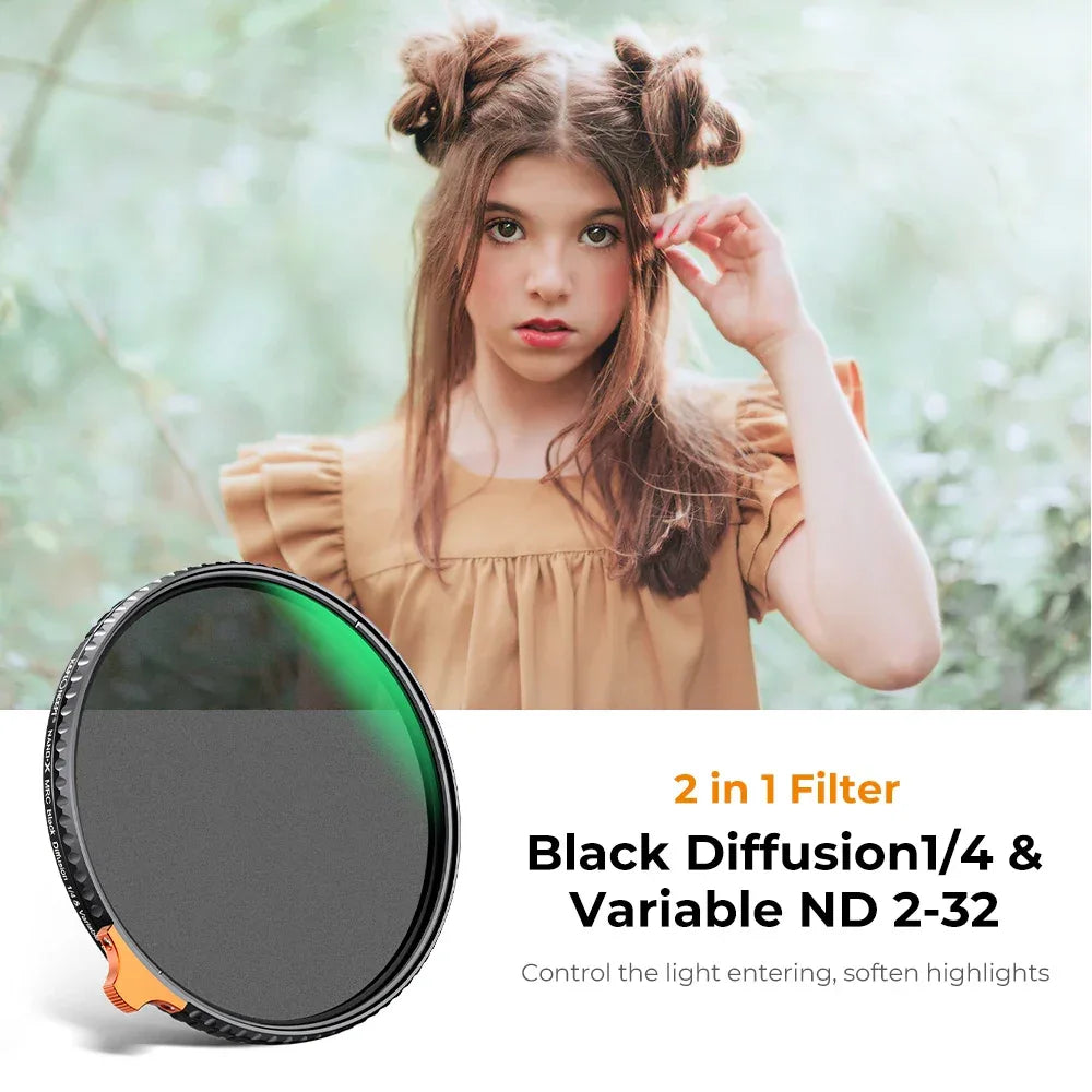 K&F CONCEPT ND2-32 1/4 Black Mist Diffusion Camera Filter lens Variable 2 in 1 ND Filters Video 49mm 52mm 58mm 62mm 67mm 77mm