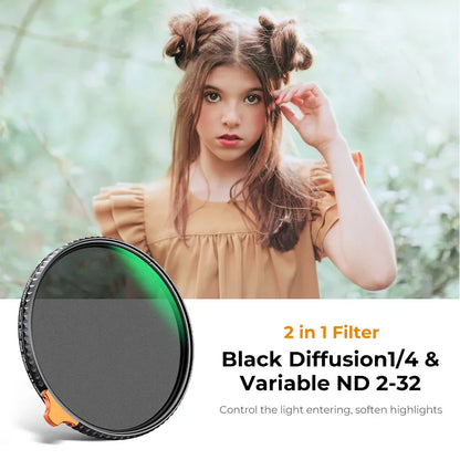 K&F CONCEPT ND2-32 1/4 Black Mist Diffusion Camera Filter lens Variable 2 in 1 ND Filters Video 49mm 52mm 58mm 62mm 67mm 77mm
