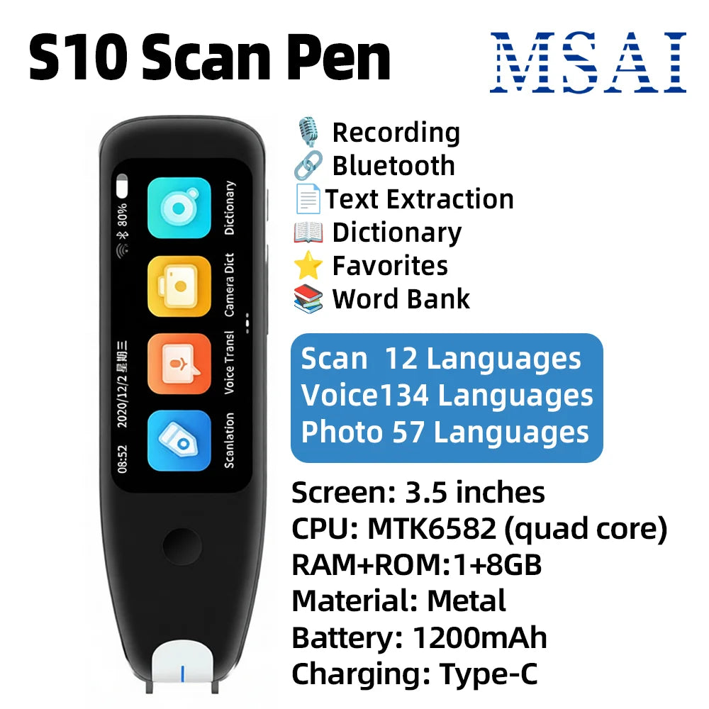 MSAI S10 Smart Scan Translator Pen Offline Extract 21 Languages Photo Translate 134 Voice Translation Dictionary Recorder ﻿
