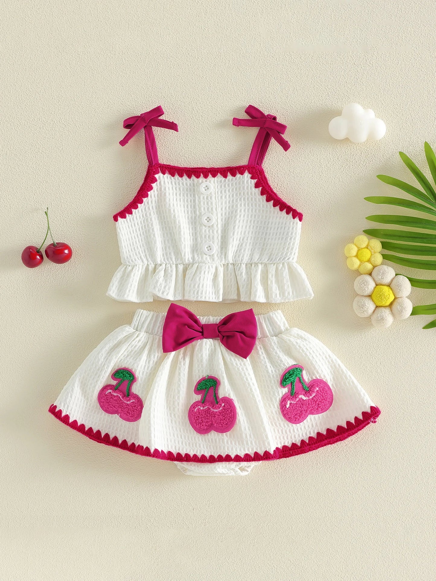 Sweet Baby Girl Summer Outfit Contrast Trim Ruffled Hem Cami Tops Cherry Applique Bow Skorts 2 Piece Girls Set