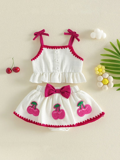 Sweet Baby Girl Summer Outfit Contrast Trim Ruffled Hem Cami Tops Cherry Applique Bow Skorts 2 Piece Girls Set