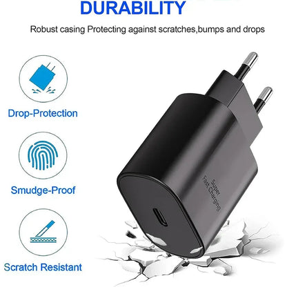 25W USB C Fast Wall Charger with USB C to Type C Fast Charging Cable For IPhone 15 16 Samsu Galax S25 24 S23 S22 S21 S20 Note 10