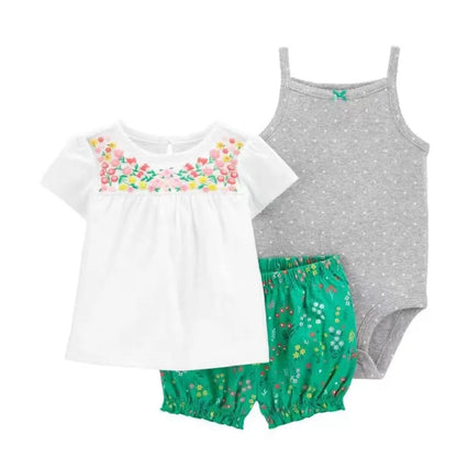 Newborn Baby Girl Clothes Set Summer Fashion Flower Cotton Infant Outfits Short Sleeved Bodysuit Shorts 3Pcs Toddler Clothing