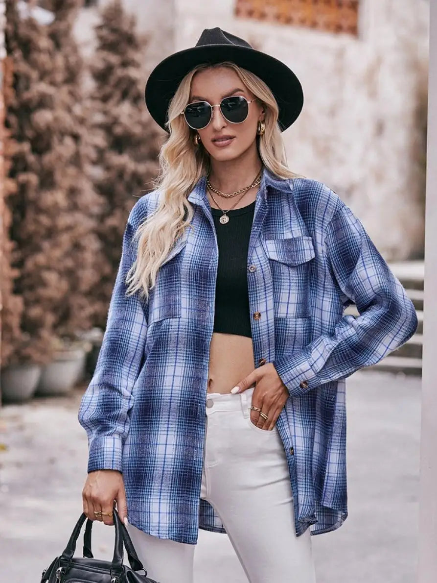 Autumn Plaid Shirt Women Long Sleeve Turn-down Collar Oversize Shirts Female Stylish Vintage Casual Blouse Ladies Chemise
