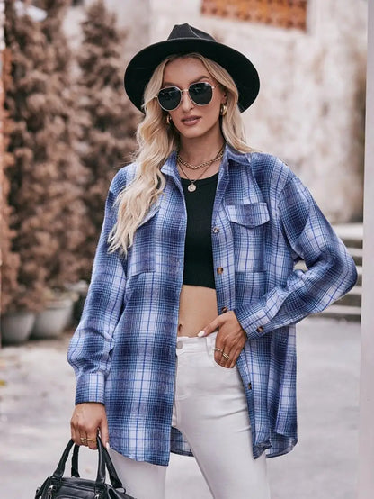 Autumn Plaid Shirt Women Long Sleeve Turn-down Collar Oversize Shirts Female Stylish Vintage Casual Blouse Ladies Chemise