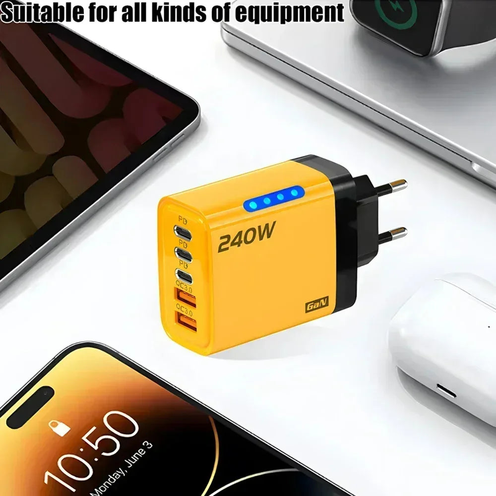 Total 240W Power GaN Charger 5 in 1 Fast Charging Charger PD Adapter For iPhone Samsung Xiaomi Huawei Laptop Tablet 2USB 3C