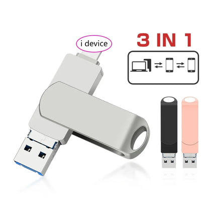 Rotate USB 3.0 Flash Drive 8GB 16GB with 3-in-1 Type-C to Lightning Interface 32GB Pendrive for iPad 11/12/13/14