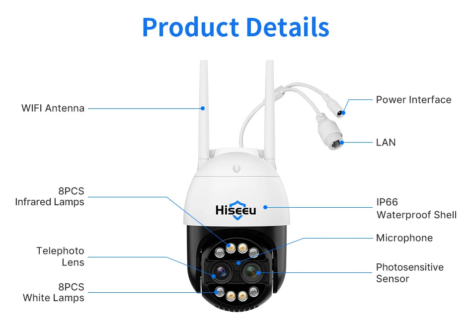 Hiseeu 4K 8MP Dual Lens PTZ Wifi IP Camera 8X Zoom Outdoor HD Full Color Night Vision Human Detection Video Surveillance Cameras