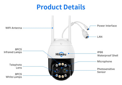 Hiseeu 4K 8MP Dual Lens PTZ Wifi IP Camera 8X Zoom Outdoor HD Full Color Night Vision Human Detection Video Surveillance Cameras
