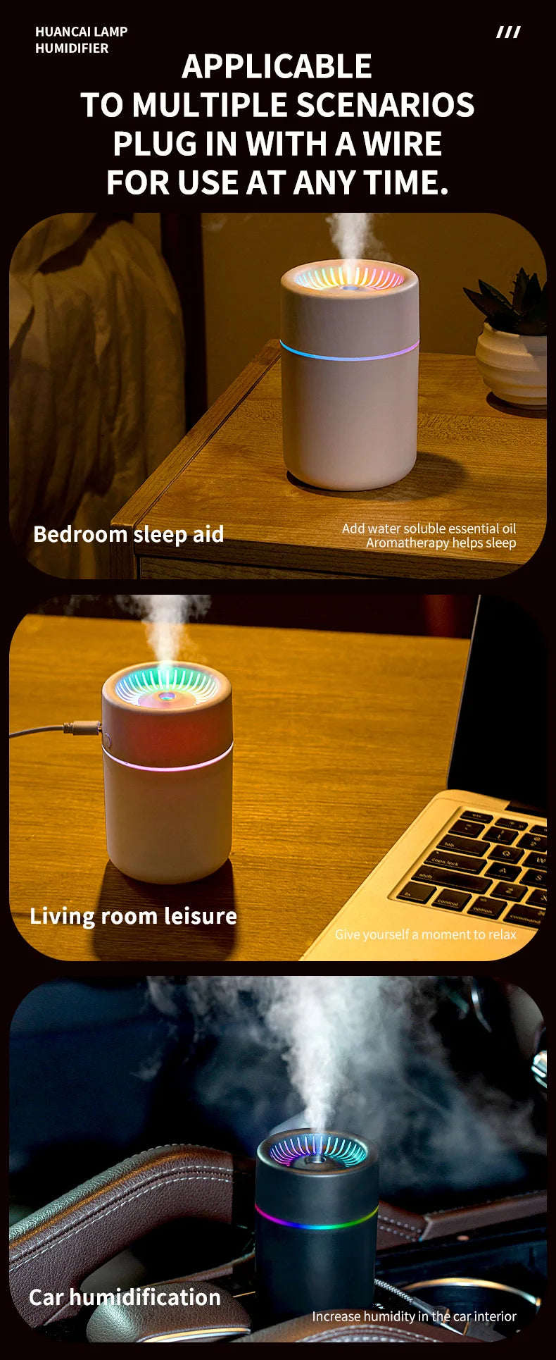 Portable color LED night light humidifier,silent mini model,180 ml aroma diffuser,suitable for use in cars, offices and bedrooms