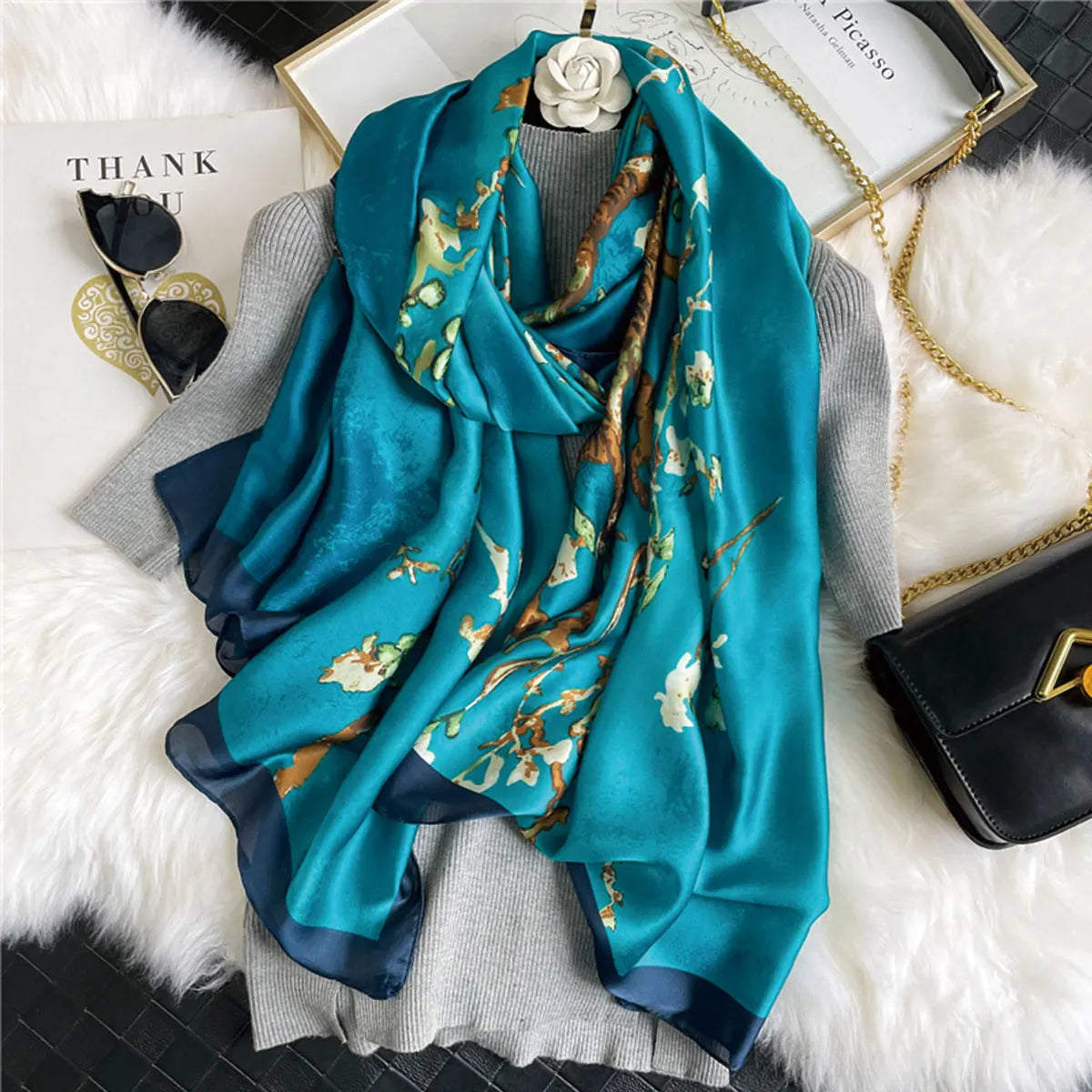 1 pcs 180x90cm Elegant Spring Autumn Silk Scarf Plum Blossom Print Long Shawl Fashionable Trendy Warm Necktie for Women