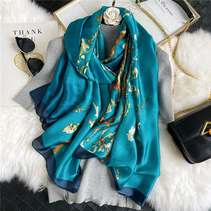 1 pcs 180x90cm Elegant Spring Autumn Silk Scarf Plum Blossom Print Long Shawl Fashionable Trendy Warm Necktie for Women