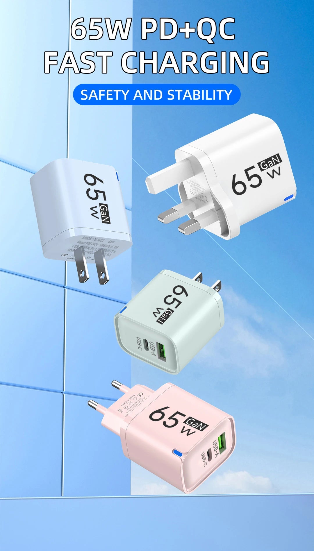 GaN 65W USB C Charger 3 Ports Quick Charge 3.0 QC3.0 Fast Charger Travel Wall Adapter for iPhone Samsung Xiaomi Huawei EU UK US