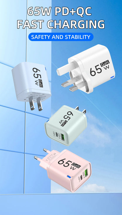 GaN 65W USB C Charger 3 Ports Quick Charge 3.0 QC3.0 Fast Charger Travel Wall Adapter for iPhone Samsung Xiaomi Huawei EU UK US