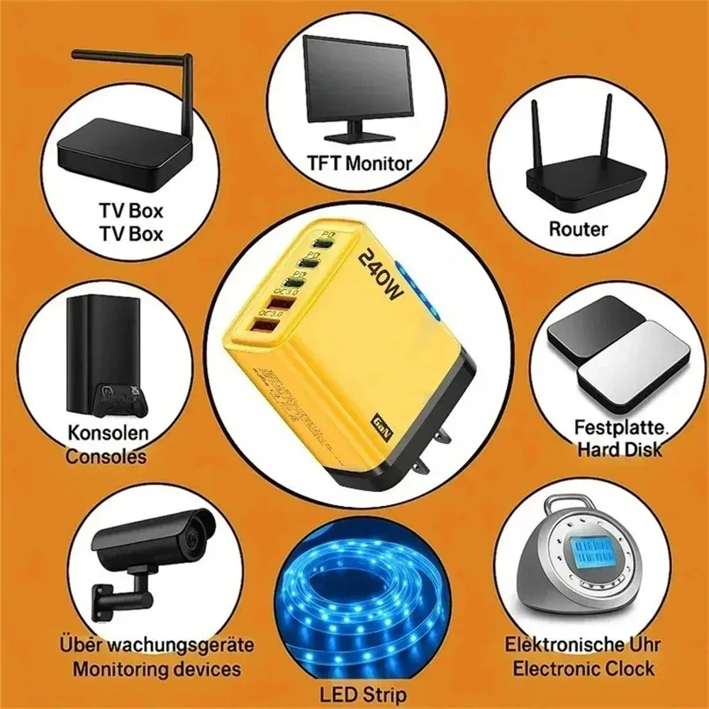 Total 240W Power GaN Charger 5 in 1 Fast Charging Charger PD Adapter For iPhone Samsung Xiaomi Huawei Laptop Tablet 2USB 3C
