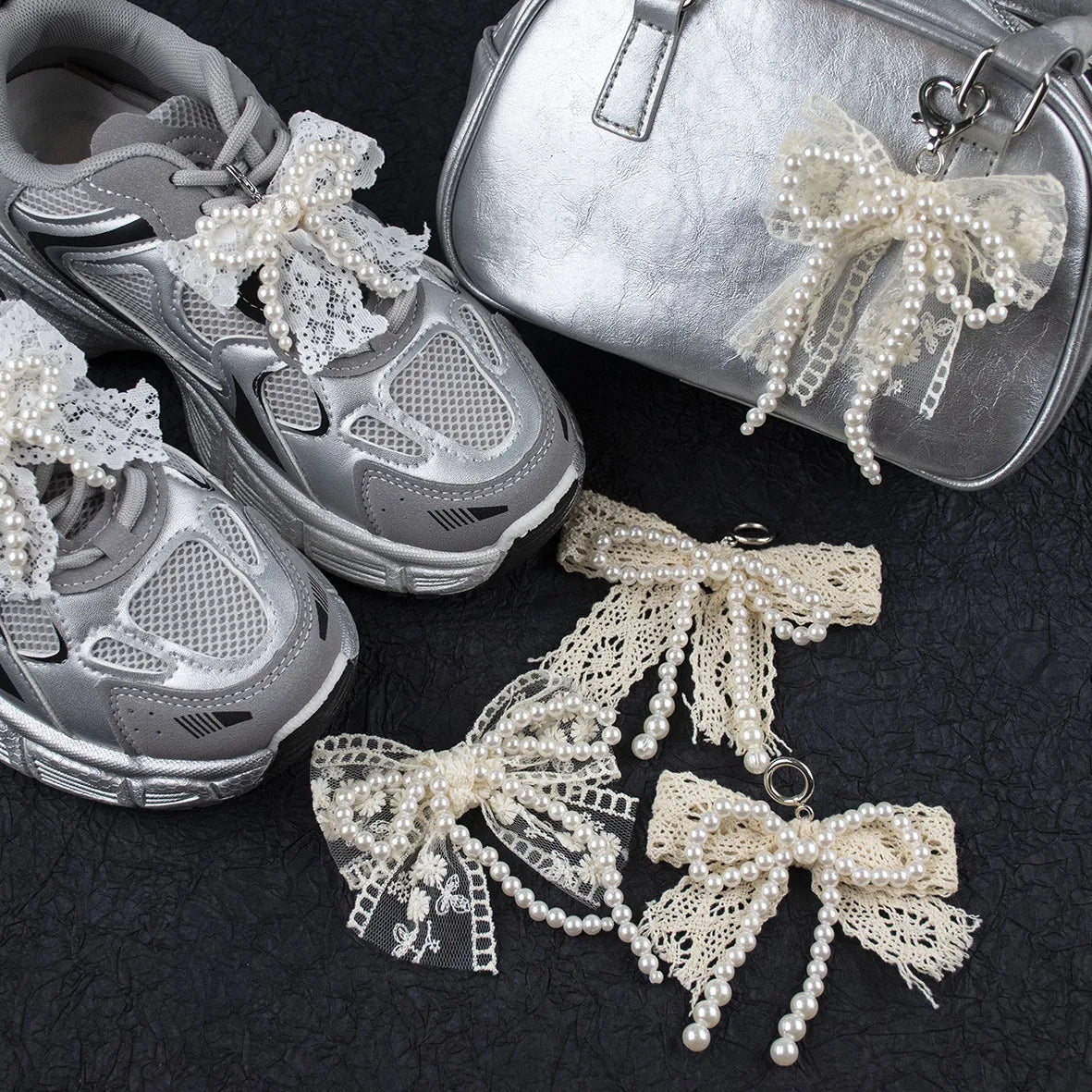 Lace pearl bow Shoe Shoelaces Charms for Sneakers Decorative Shoe Flower Buckle Decorative Shoe Fashion Charm Accessories