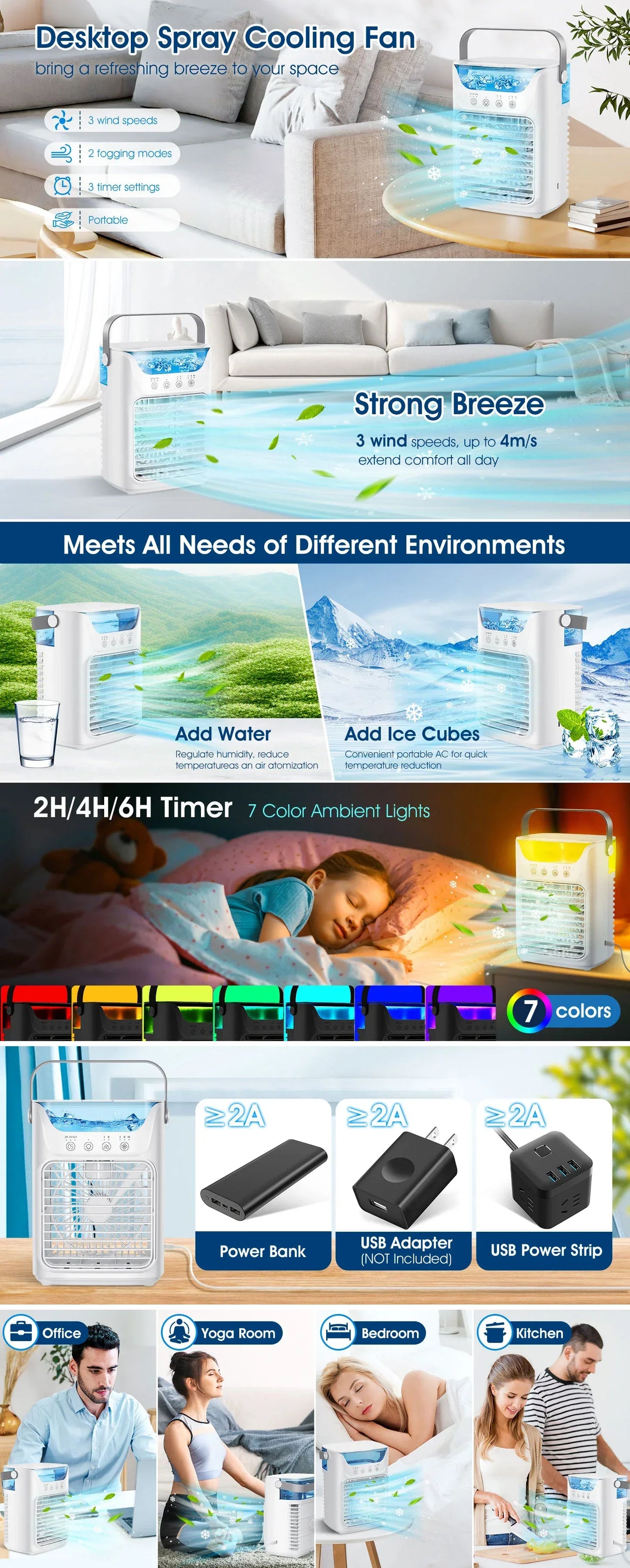 Air Conditioner Portable Desktop Air Cooler Fan with LED Night Light & Humidifier, Mini Mist Cooling Fan for Office Home