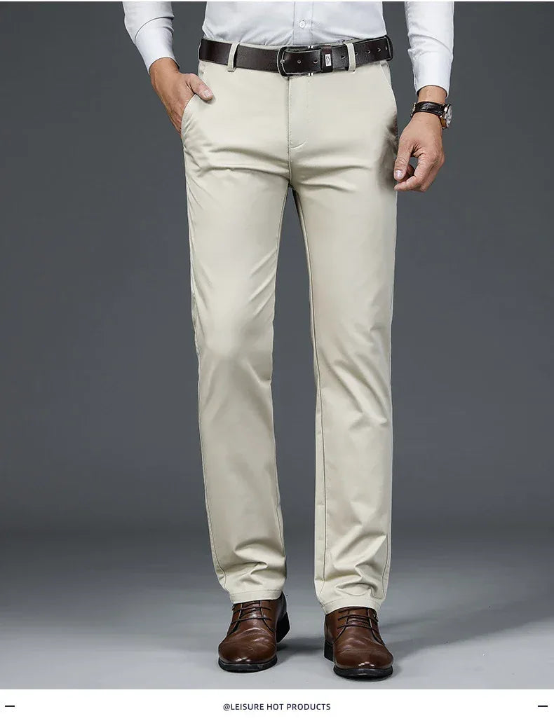 Autumn Classic Style Men's Beige Business Straight Casual Pants Stretch Cotton High Waist Solid Brand Trousers Khaki Green Black