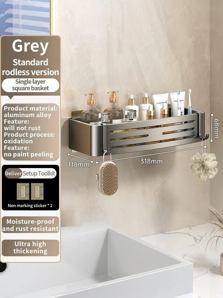 No Need To Drill Walls for Installation Aluminum Bathroom Shelf Shelves Shampoo Rack Storage Holder Kitchen Organizer Wall Rack