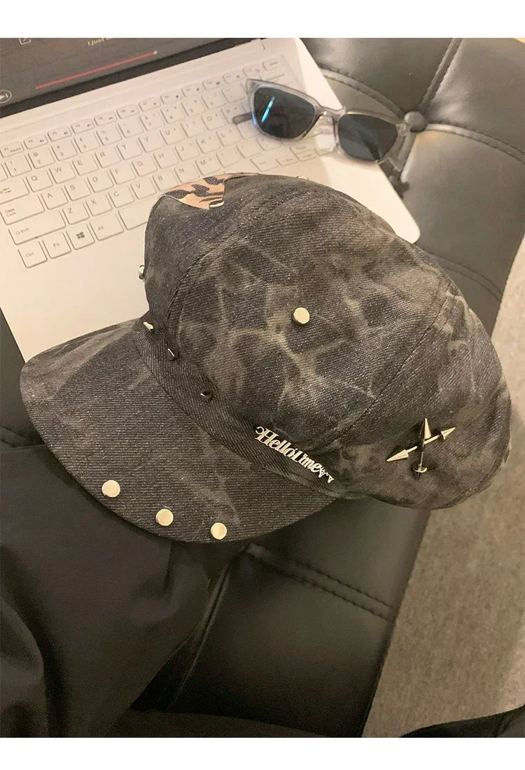 American Punk Style Rivet Star Design Octagonal Hats for Women Spring and Autumn Casual Versatile Retro Washed Denim Berets Cap