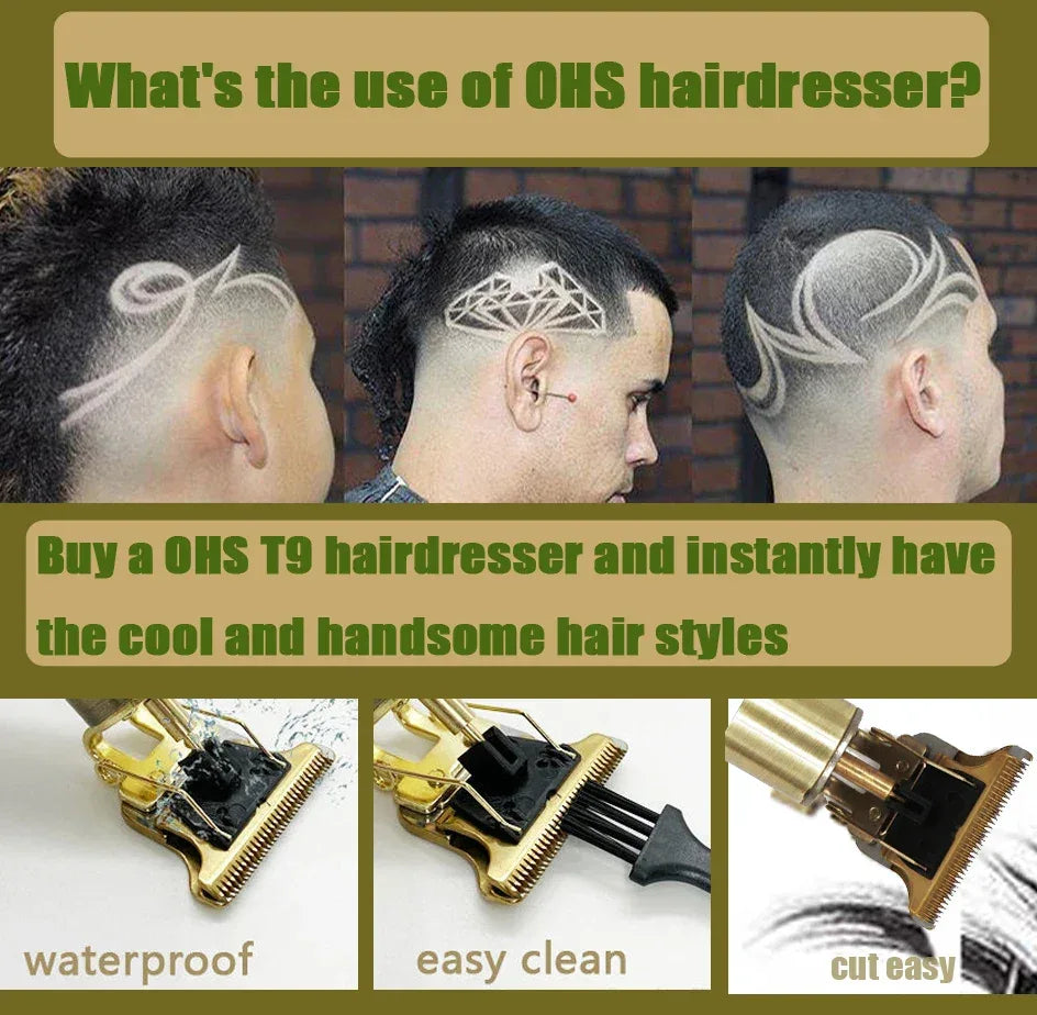 OHS T9 Vintage Electric Hairdresser Oil Shaving Head Pusher Carving Clipper Hair Cutting Machine Precision Trimmer for Men Care
