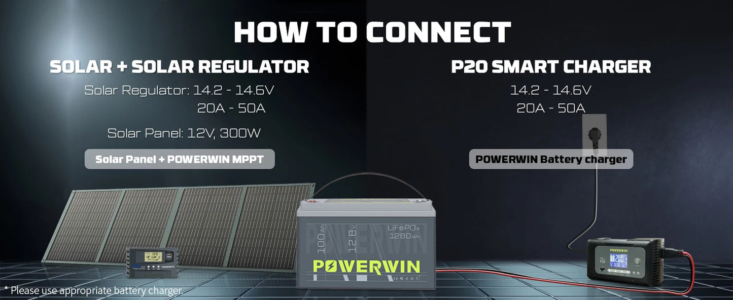 POWERWIN BT100 12.8V 100Ah 1280Wh LiFePO4 Battery 4000+Deep Cycle Rechargeable Built-in BMS Grade A Cell Solar Power Inverter