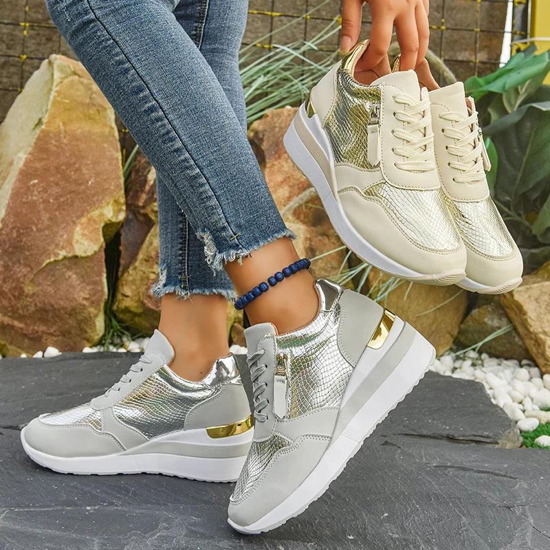 Gold Silver Wedge Sneakers for Women Lightweight Non Slip Casual Sports Shoes Woman Comfort Thick Sole Walking Shoes Plus Size