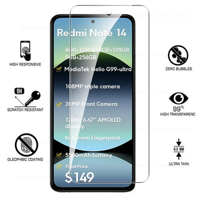 4-1Pcs 9H Premium Protective Glass For Xiaomi Redmi Note 14 4G 5G Global Screen Protector Redmy Note14 Note 14 RedmiNote14 Films