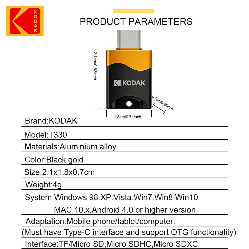 NEW KODAK T330 Micro SD Card Reader Type-C TF Memory Card High-speed OTG Adapter Suitable for Mobile Phones Tablets and Computer
