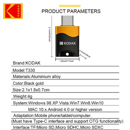 NEW KODAK T330 Micro SD Card Reader Type-C TF Memory Card High-speed OTG Adapter Suitable for Mobile Phones Tablets and Computer