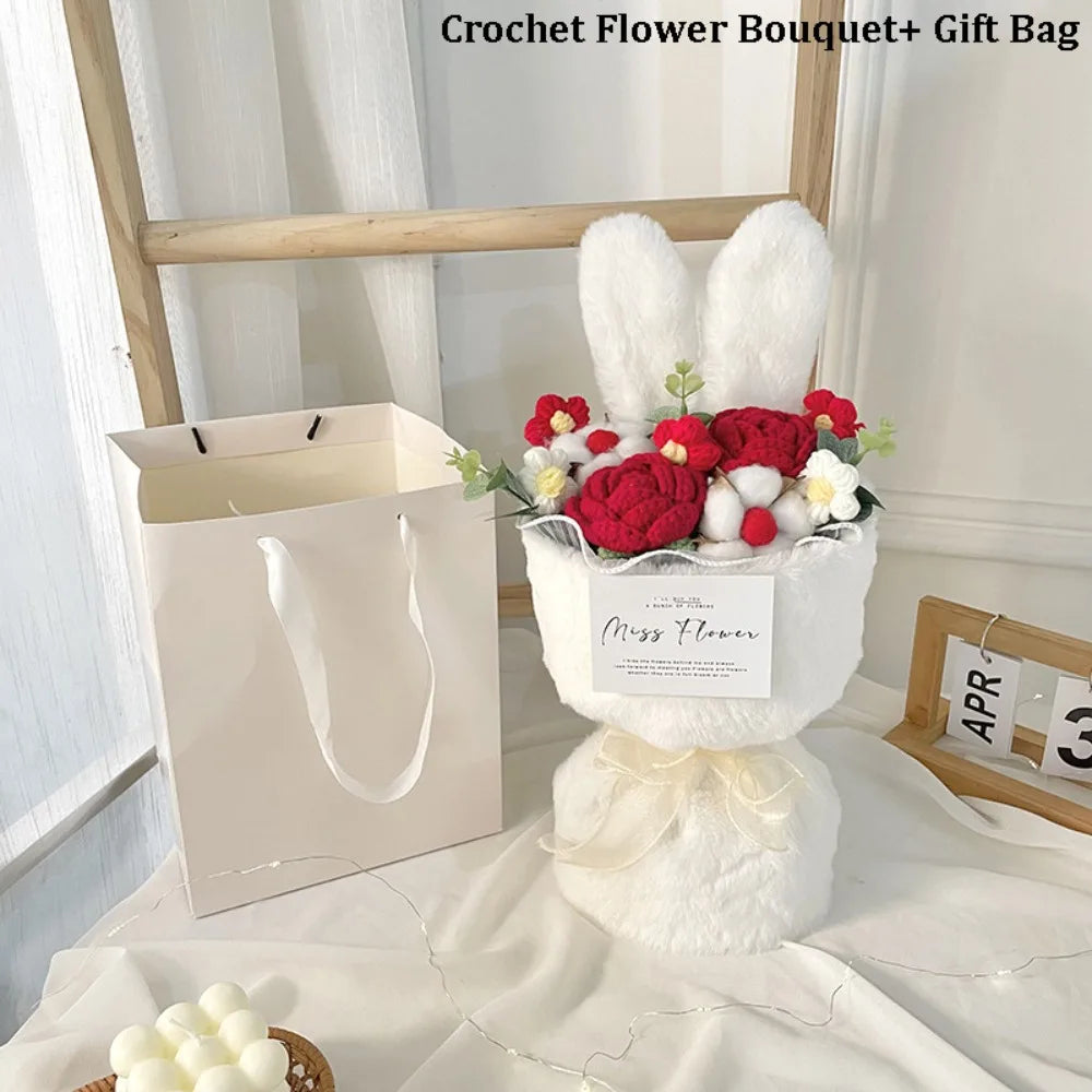 Rabbit Ears Crochet Flower Bouquet Handmade Completed Flower Bouquet with Gift Bag Creative Knit Rose Bouquet for Mother's Day