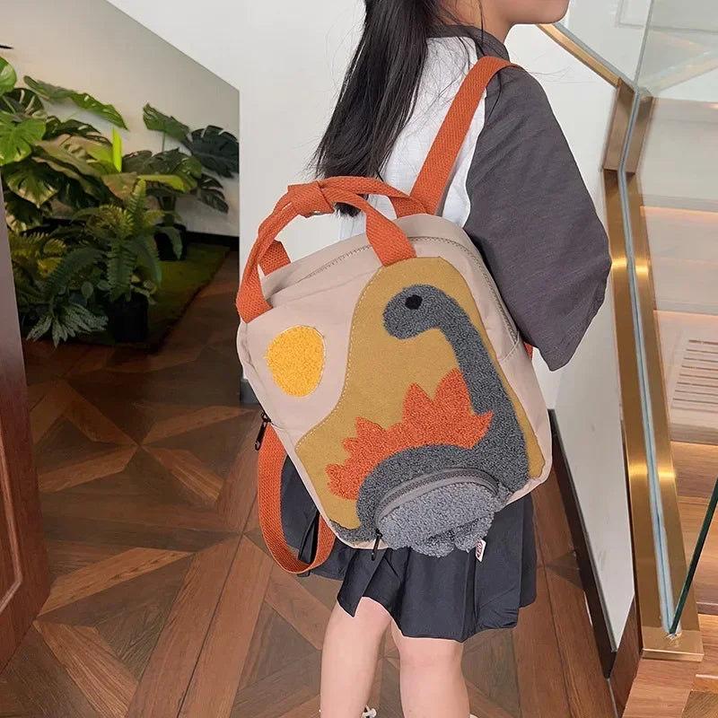 New Embroidery Sun Long Neck Small Dinosaur Backpack Hook Hair Embroidered Cartoon Canvas Kindergarten Children Backpack