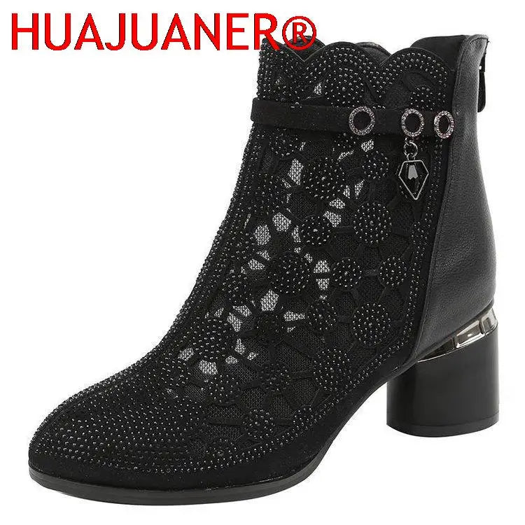 2025 Spring Summer Fashion Rhinestones Gauze Sandals Thick Heels Mesh Autumn Ankle Boots Female Hollow Women's Shoes