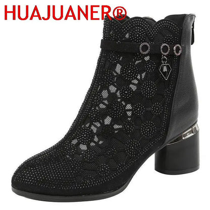 2025 Spring Summer Fashion Rhinestones Gauze Sandals Thick Heels Mesh Autumn Ankle Boots Female Hollow Women's Shoes