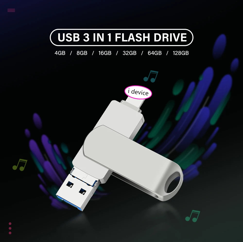 Rotate USB 3.0 Flash Drive 8GB 16GB with 3-in-1 Type-C to Lightning Interface 32GB Pendrive for iPad 11/12/13/14