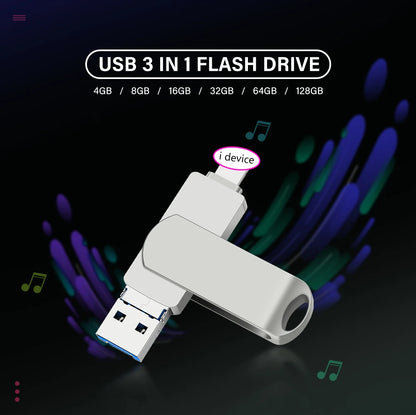 Rotate USB 3.0 Flash Drive 8GB 16GB with 3-in-1 Type-C to Lightning Interface 32GB Pendrive for iPad 11/12/13/14