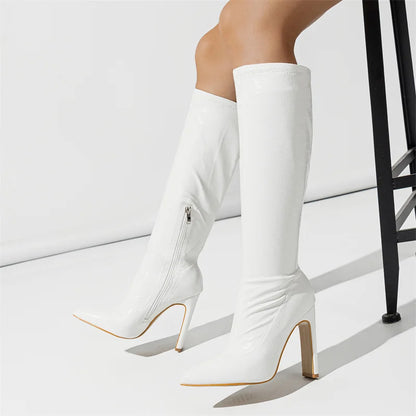 Hlieny Autumn Winter Fashion Women Knee High Motorcycle Boots Sexy Pointed Toe Square Heels Long Zipper Female Botas Shoes