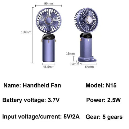 Portable Handheld Mini Fan 3000mAh Foldable Neck Hanging Fans 5 Speed Adjust USB Charge Fan with Phone Stand and Display Screen