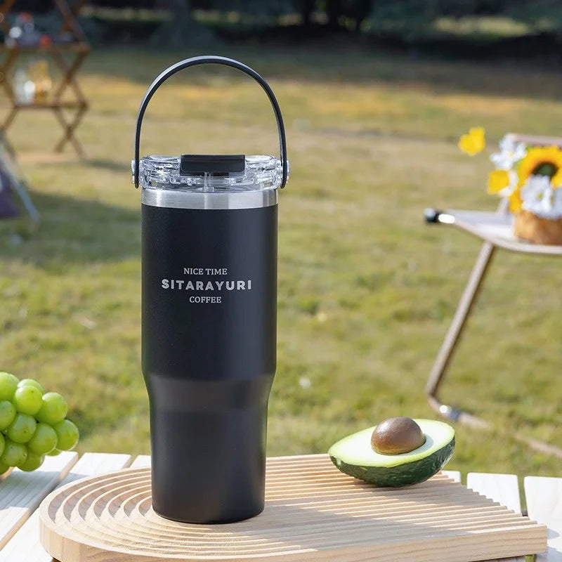 JUSTINLAU 600/900ml Insulated Cups Stainless Steel Double-drinking Thermos Cup with Handle& Straw Sports Bottle Car Ice Tumbler